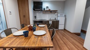 Fridge, microwave, cookware/dishes/utensils