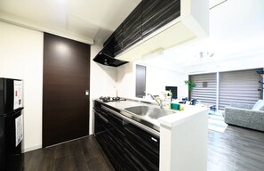 Kühlschrank, Mikrowelle, Herdplatte, Kochgeschirr/Geschirr/Besteck