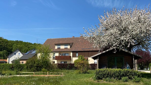 A residential area with houses, a wooden cabin, and a field of yellow flowers. - Ferienwohnung Liebenau - Ferienwohnung Wölfel (Gößweinstein)