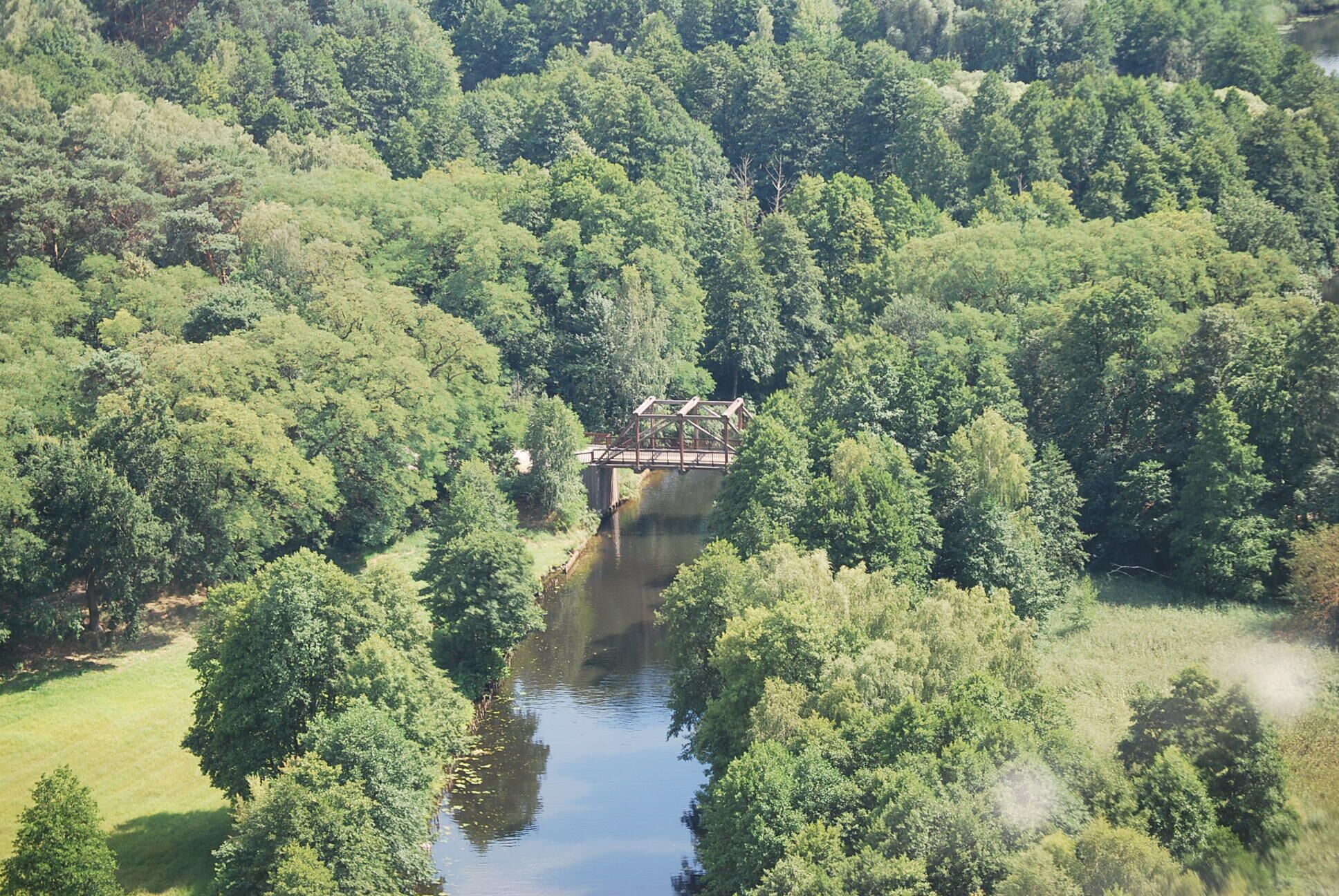 Un pont en bois enjambant une rivière, le tout entouré d’une forêt dense.