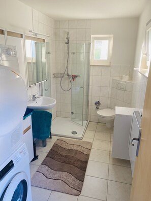 Shower, hair dryer, towels