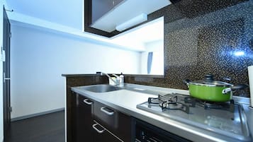 Fridge, microwave, stovetop, cookware/dishes/utensils
