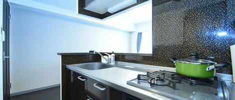 Fridge, microwave, stovetop, cookware/dishes/utensils