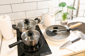 Kühlschrank, Mikrowelle, Herdplatte, Kochgeschirr/Geschirr/Besteck