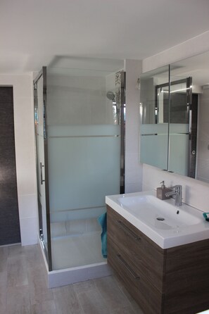 Shower, hair dryer, towels, soap