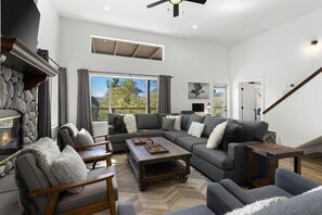 Een televisie, een open haard, videogames en boeken