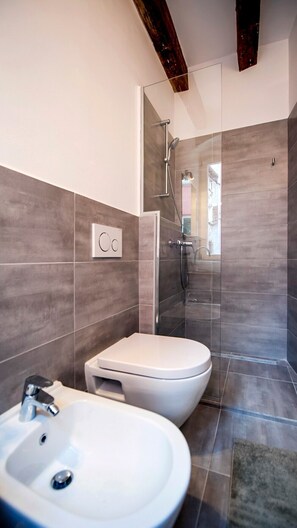 Douche, séchoir à cheveux, bidet, serviettes fournies