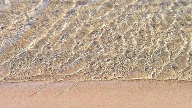 En tydlig vy över en sandstrand med grunt vatten.