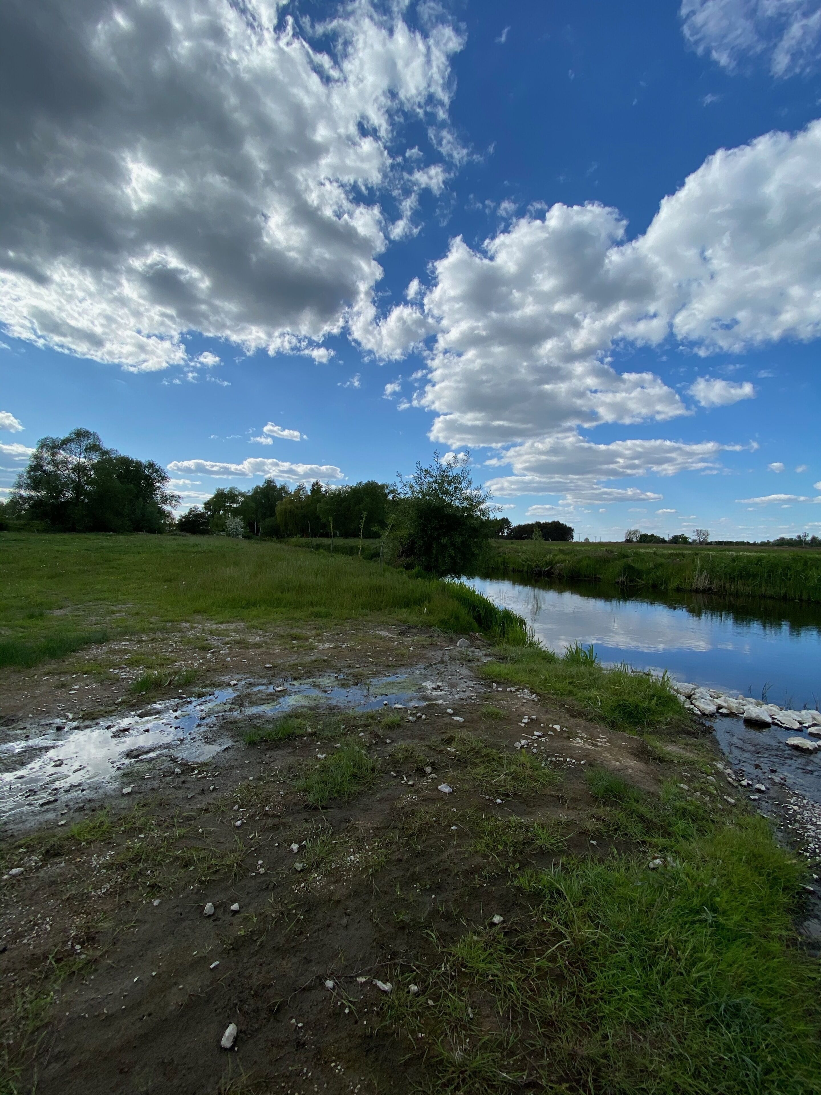 A natural landscape with a body of water, grassy areas, and trees under a partly cloudy sky.