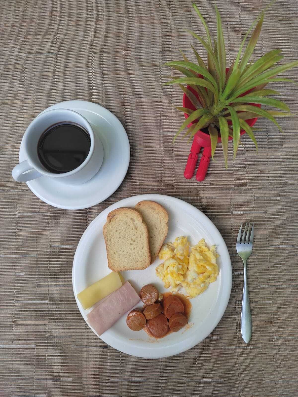A breakfast plate with toast, eggs, ham, and sausage, a cup of coffee, and a potted plant on a woven tablecloth.