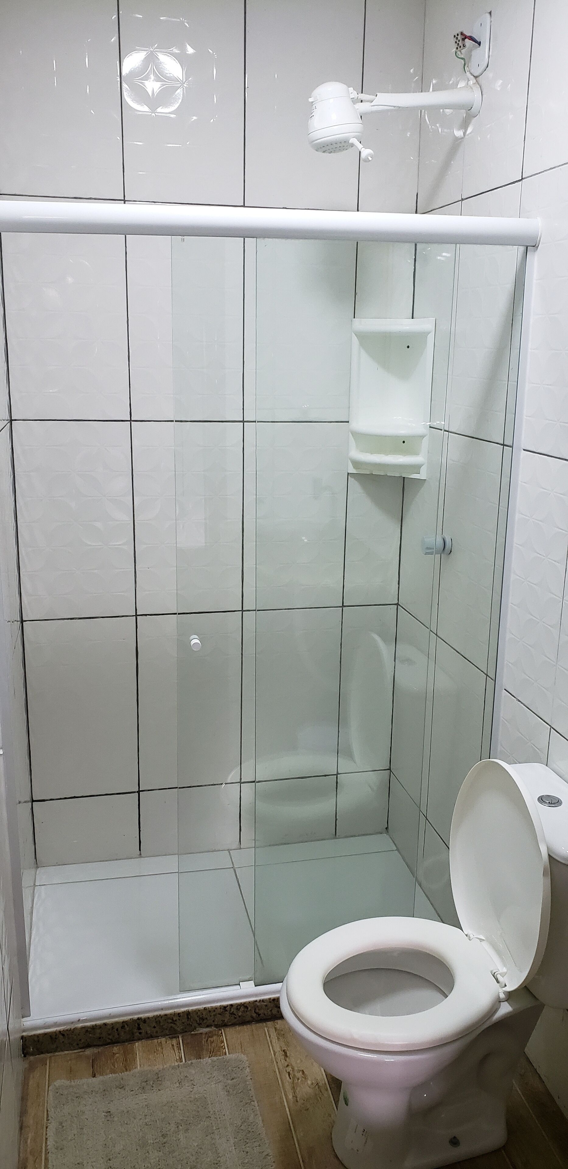 A bathroom with a glass-enclosed shower, a toilet, and a white sink.
