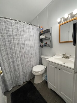 A bathroom with a shower curtain, toilet, sink, and a vanity with a mirror and lights.