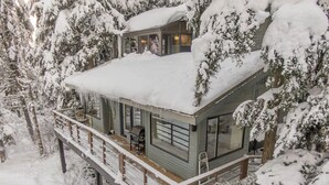 Eine schneebedeckte Hütte mit einer Terrasse und großen Fenstern, umgeben von Bäumen.