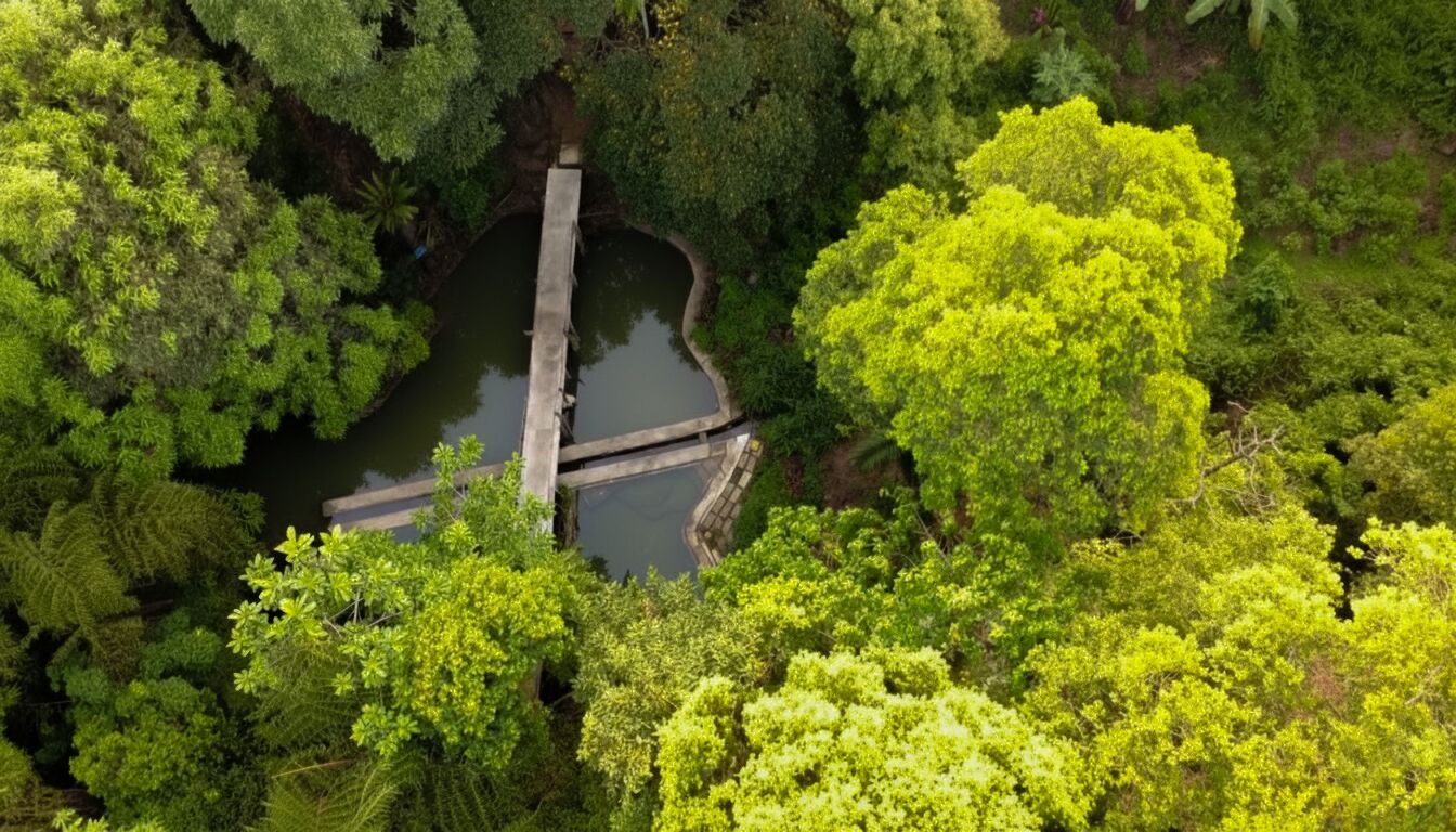 Vista aérea de uma área florestal exuberante e verde, com um pequeno corpo d'água e uma ponte de madeira.