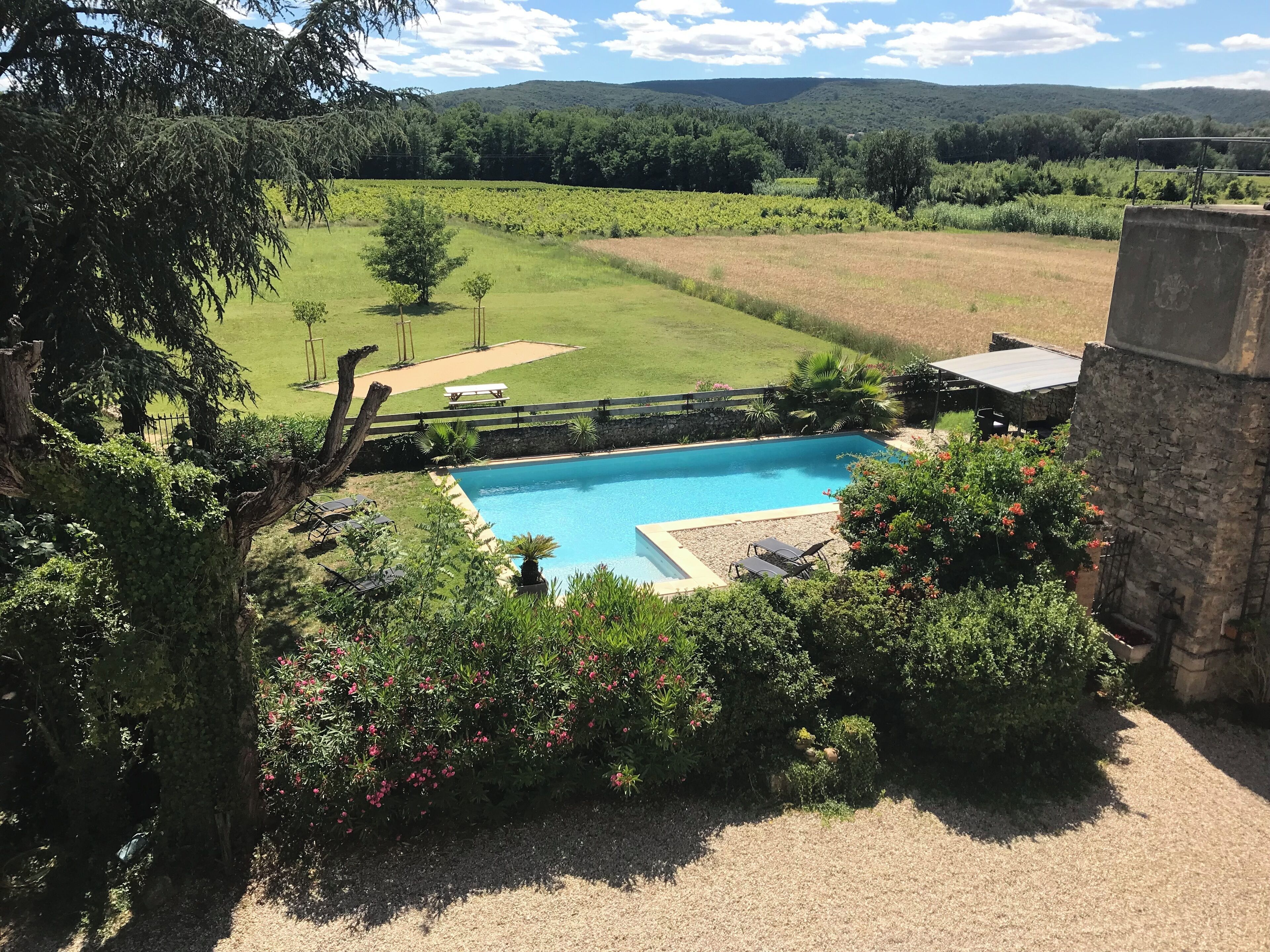 A swimming pool surrounded by lush greenery and a view of a vineyard.