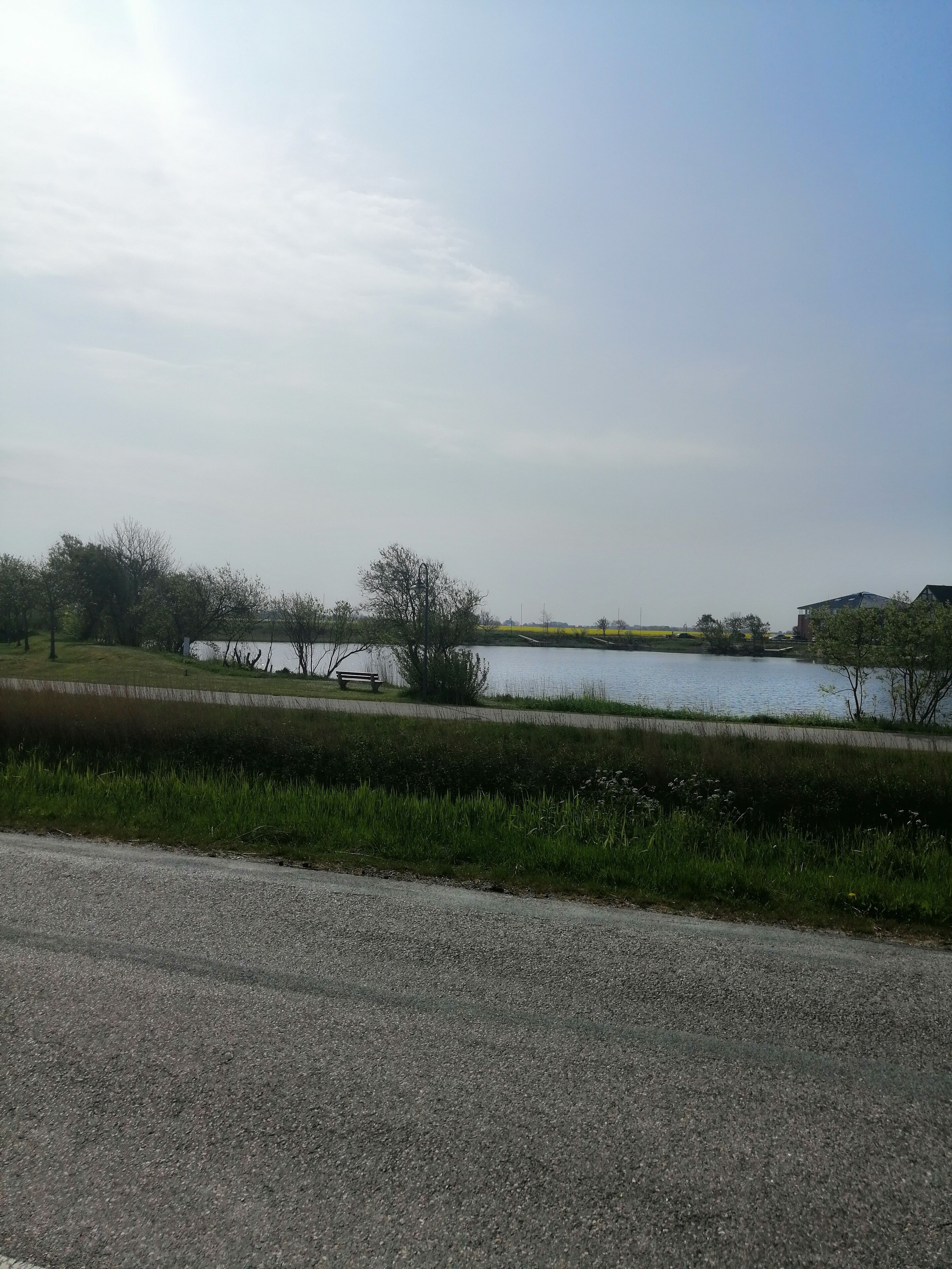 Eine Straße mit einer Grünfläche und einem Gewässer im Hintergrund.