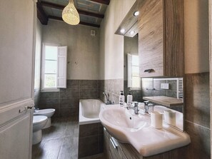 Bañera, secador de pelo, bidé y toallas