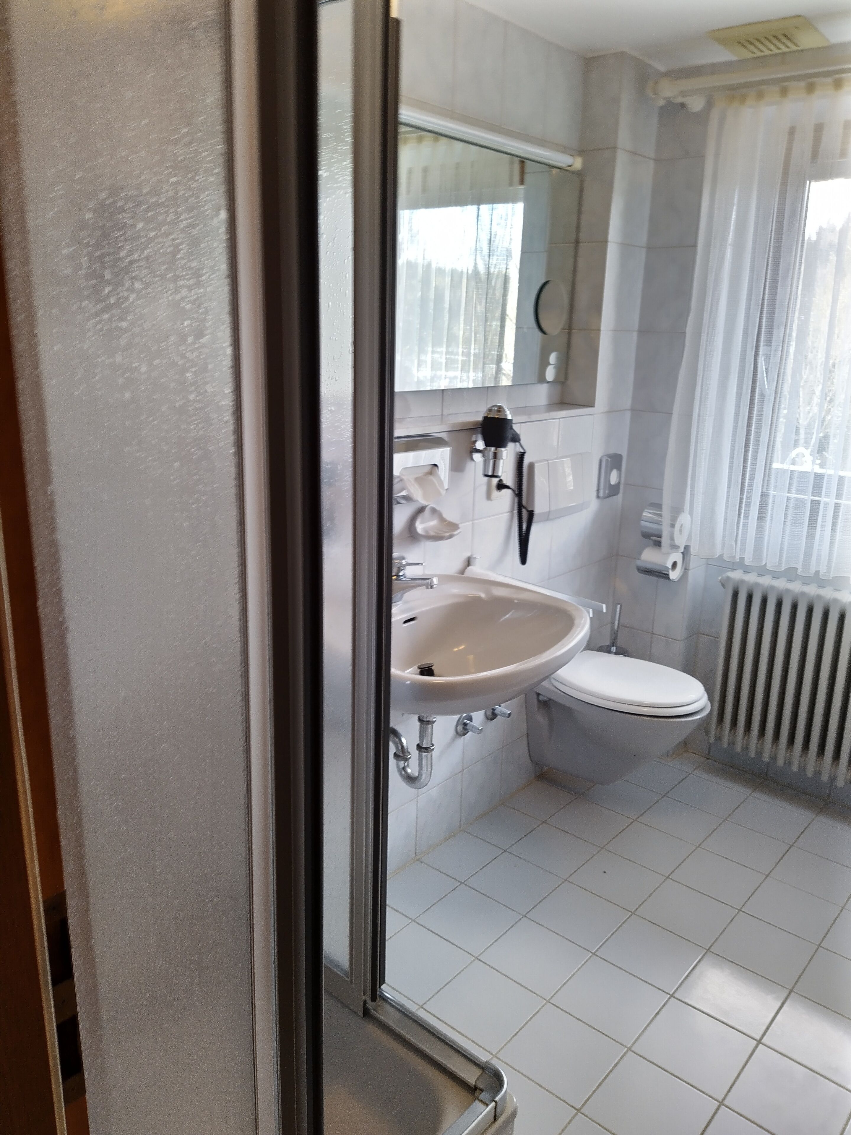 Une salle de bain avec un lavabo blanc, des toilettes et un radiateur.
