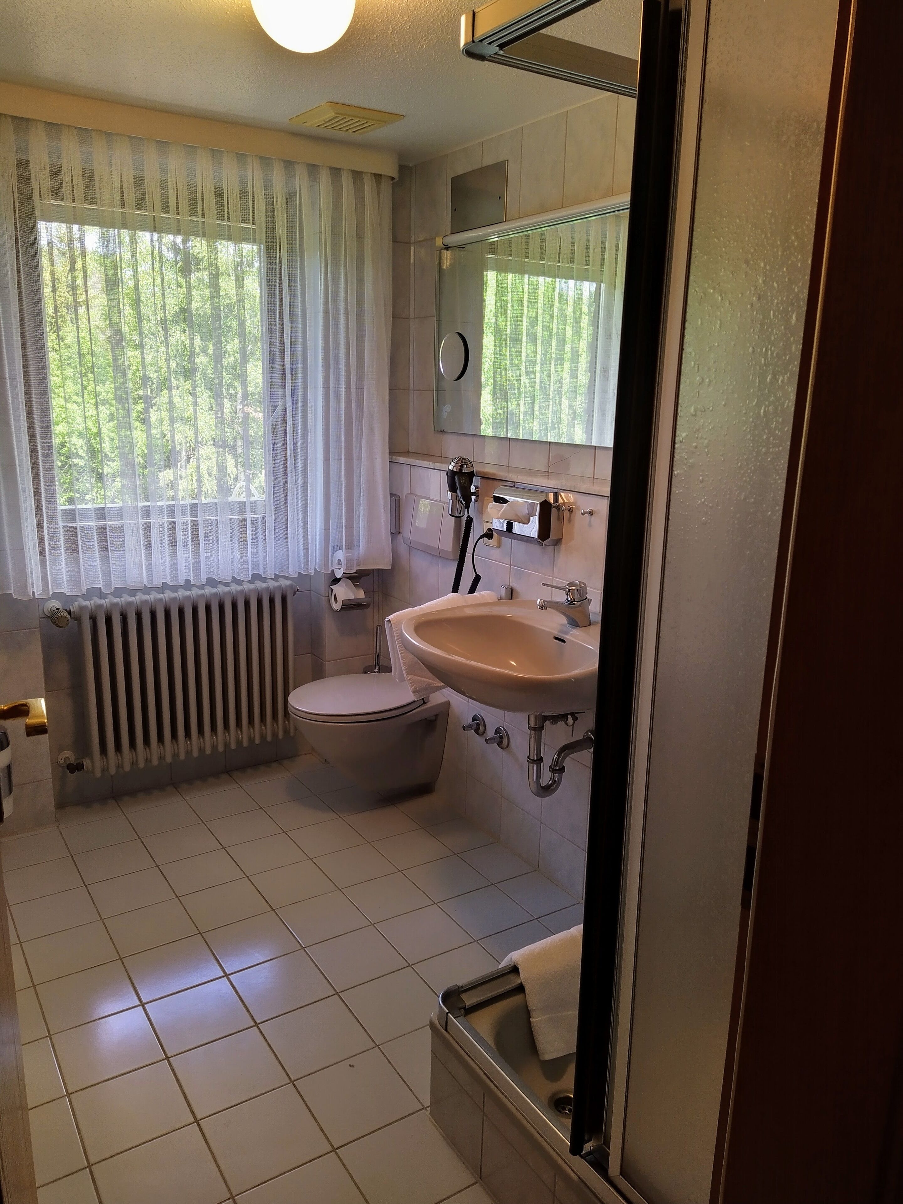 Une salle de bain équipée de toilettes, d’un lavabo et d’un radiateur.