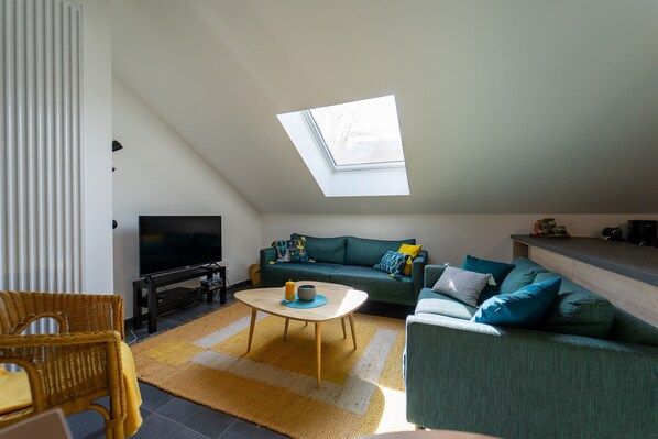 A living room with a television, sofa, and a skylight.