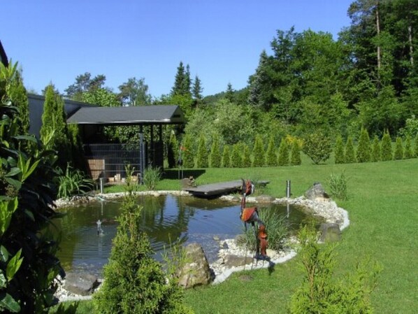 A modern house with a pond, a covered outdoor area, and a well-maintained lawn. - Comfort - Apartment (Sankt Ingbert)