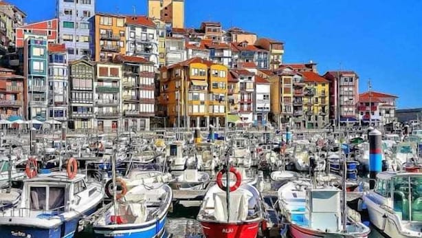 A marina with boats docked in front of colorful buildings. - Arostegi Etxea - unique apartment next to the port (Bermeo)