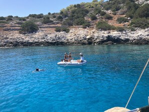On the beach, sun-loungers, beach towels