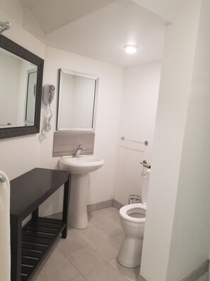 Un baño con lavamanos, espejo, inodoro y toallero.