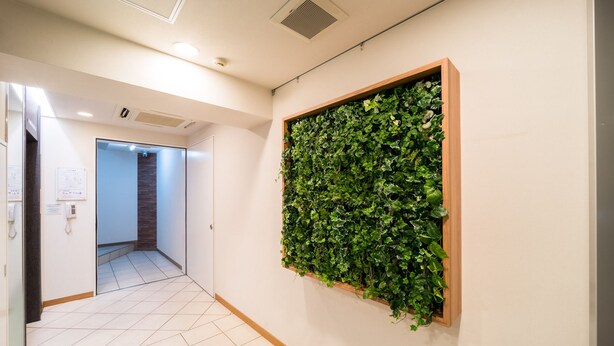 Un couloir doté d’un sol carrelé, d’une plante en pot fixée au mur dans un cadre en bois, et d’une porte donnant sur une autre pièce.