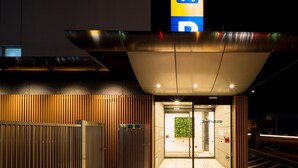 Une entrée moderne avec une porte en verre, un mur en bois à lattes et un auvent en métal.
