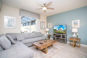 TV, DVD player, books, stereo