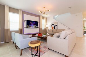 TV, DVD player, books, stereo