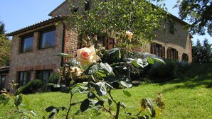 A stone house with a garden, a rose bush, and a tree.