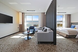 Desk, laptop workspace, blackout drapes, soundproofing