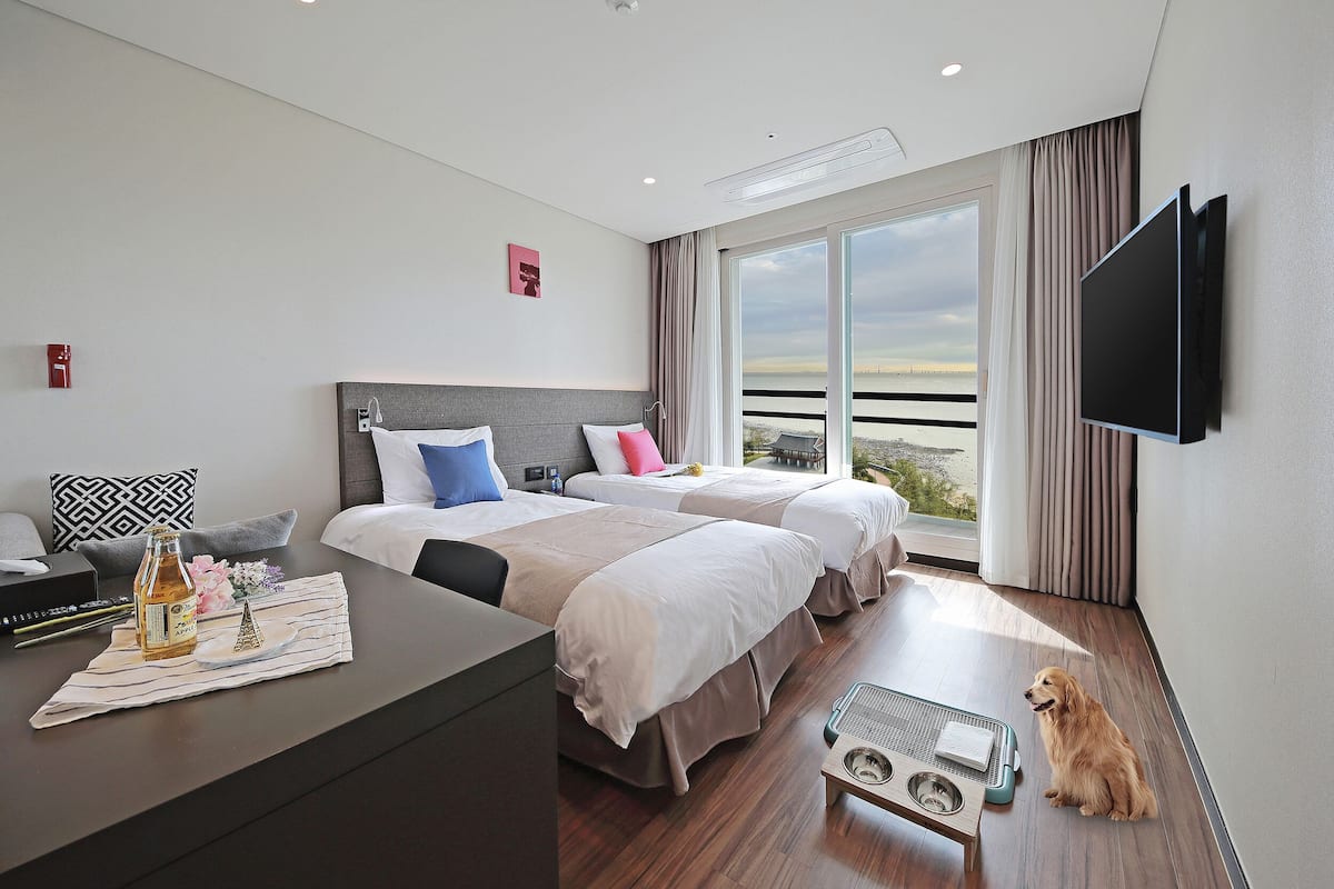 A hotel room with two beds, a desk, a TV, and a view of the city.