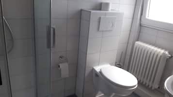 A modern bathroom with a glass shower enclosure, a toilet, and a radiator.