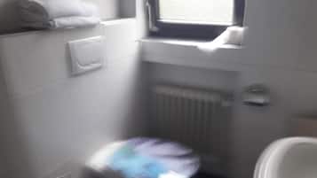 Ein kleines Badezimmer mit Toilette, Heizkörper und Fenster.