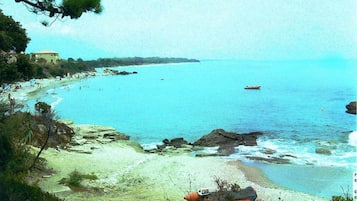 On the beach, sun-loungers, beach towels