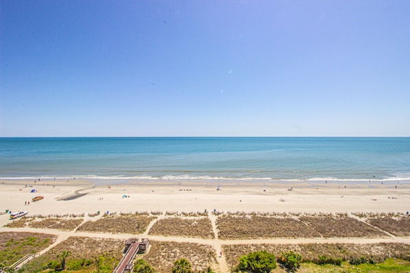On the beach, sun-loungers