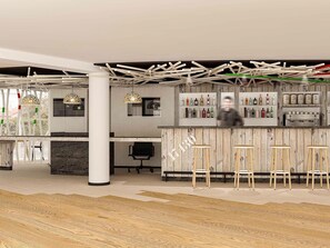 A modern bar area with stools, a counter, and a variety of bottles. - Ibis Styles La Rochelle Thalasso Chatelaillon (Chatelaillon-Plage)