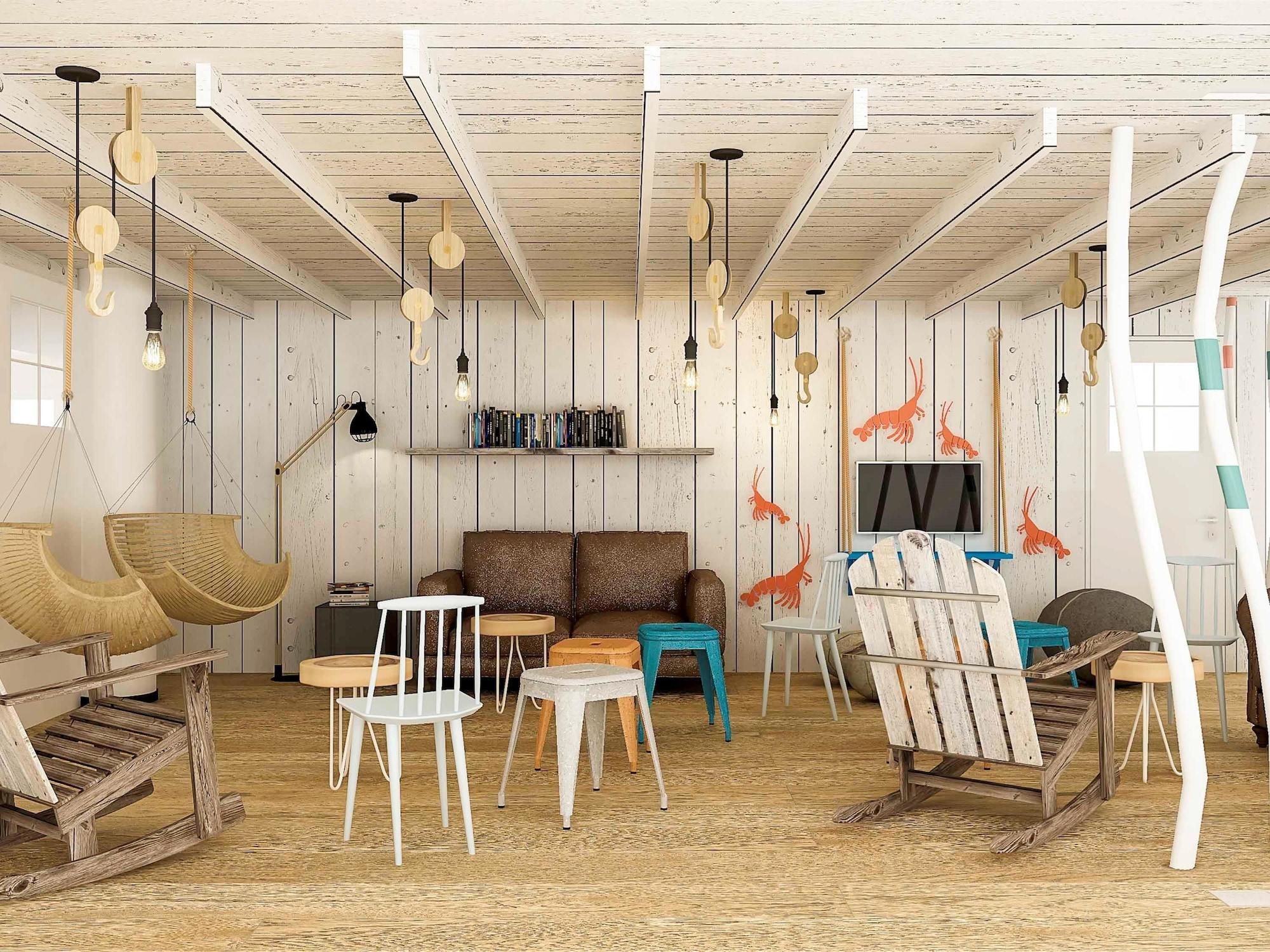 A rustic interior with a wooden ceiling, hanging light fixtures, a sofa, and a television.