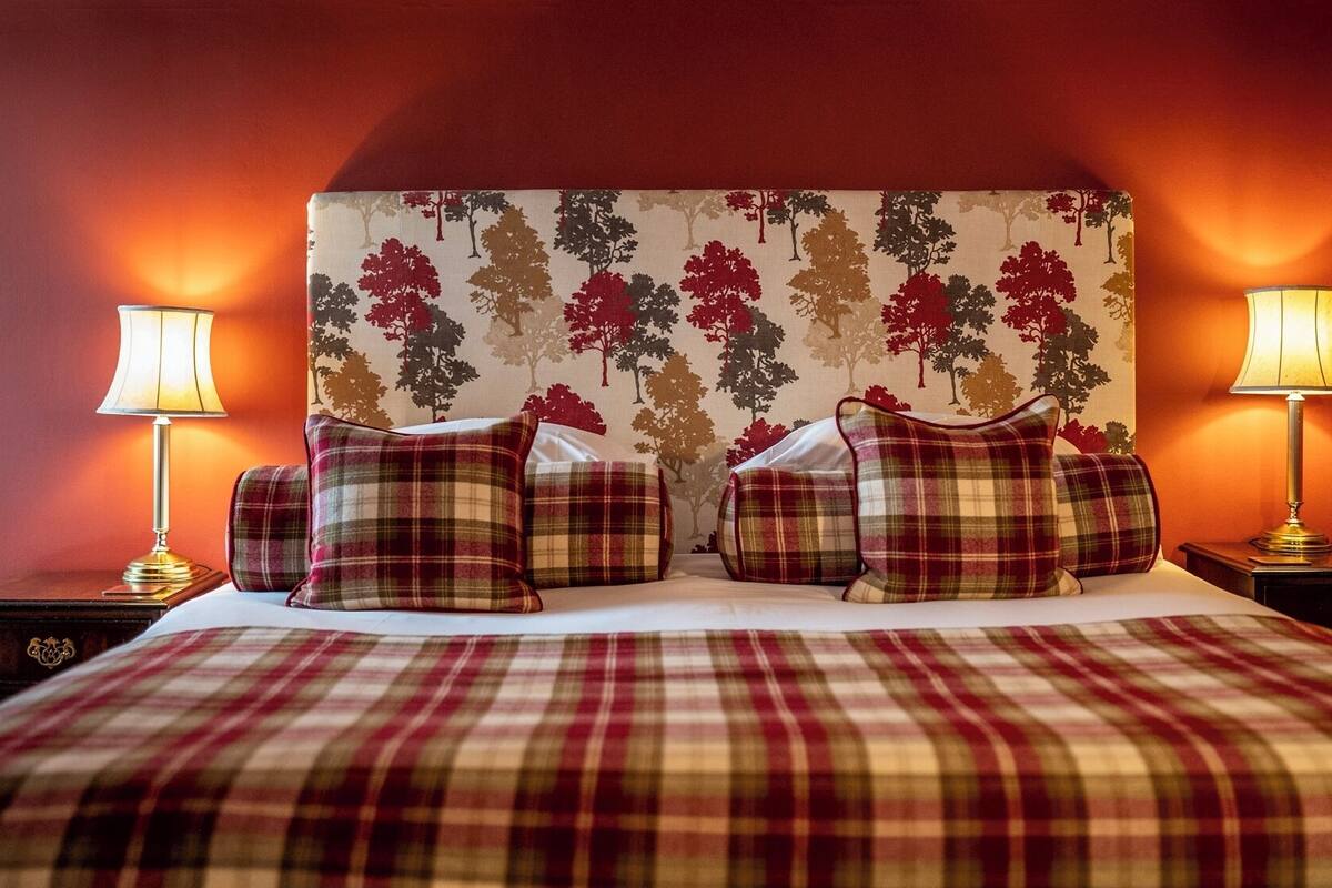 A bed with a plaid bedspread, multiple pillows, and a headboard with a tree pattern. There are two bedside lamps on either side of the bed.