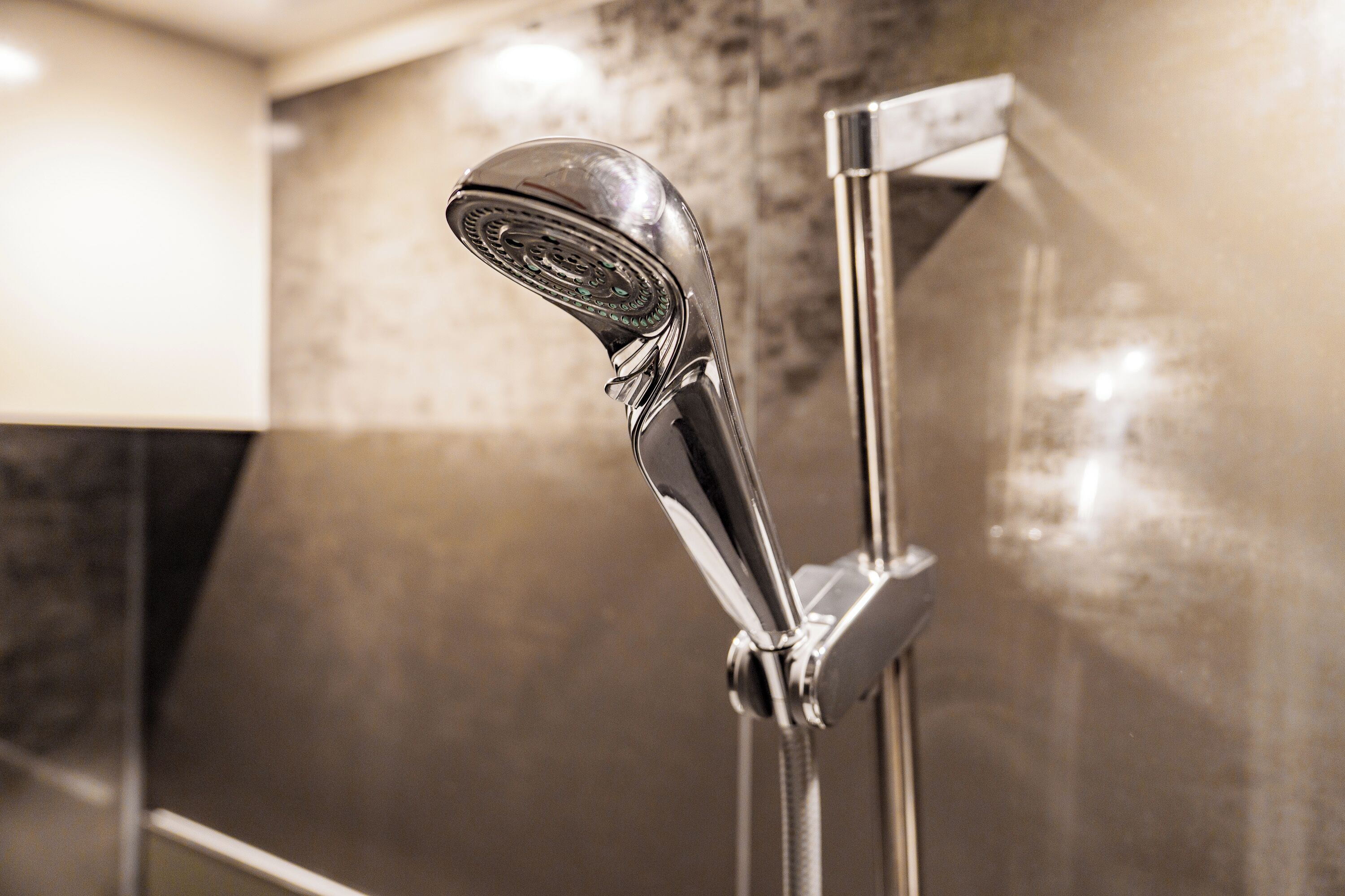 A chrome shower head attached to a vertical metal handle.