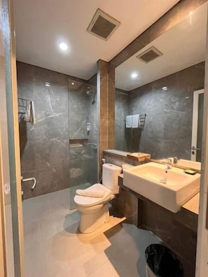 A modern bathroom with a glass shower enclosure, a white toilet, and a vanity with a mirror.