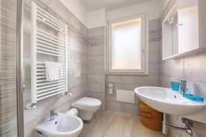 A modern bathroom with a glass shower enclosure, a toilet, a bidet, and a sink with a mirror above.