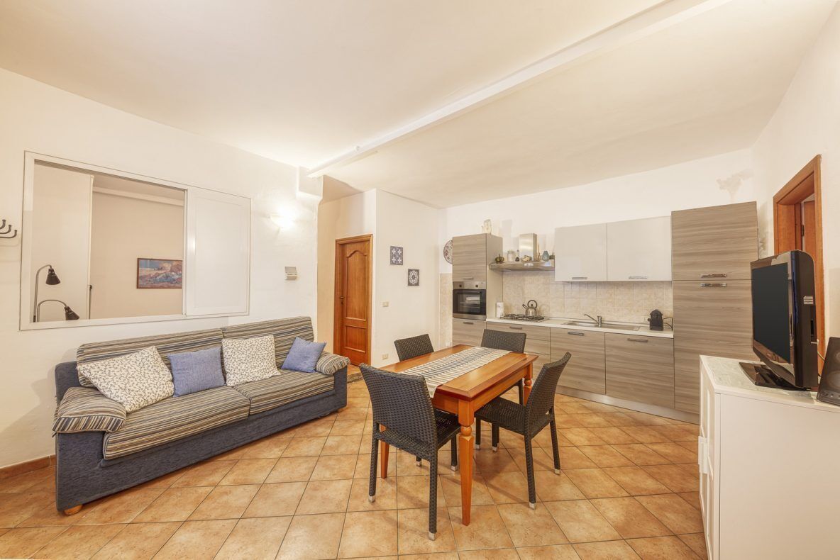 A compact living space with a sofa, dining table, chairs, a kitchen area, and a television.
