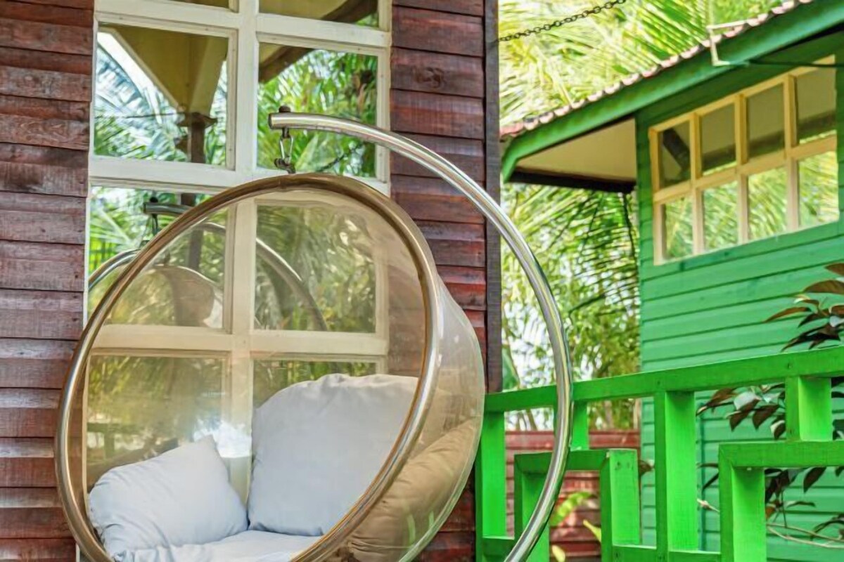 A room with a hanging chair, a window, and a green exterior wall.