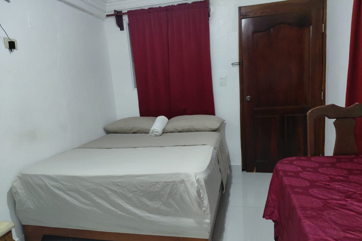 A bedroom with a bed, a wooden door, and a red curtain.
