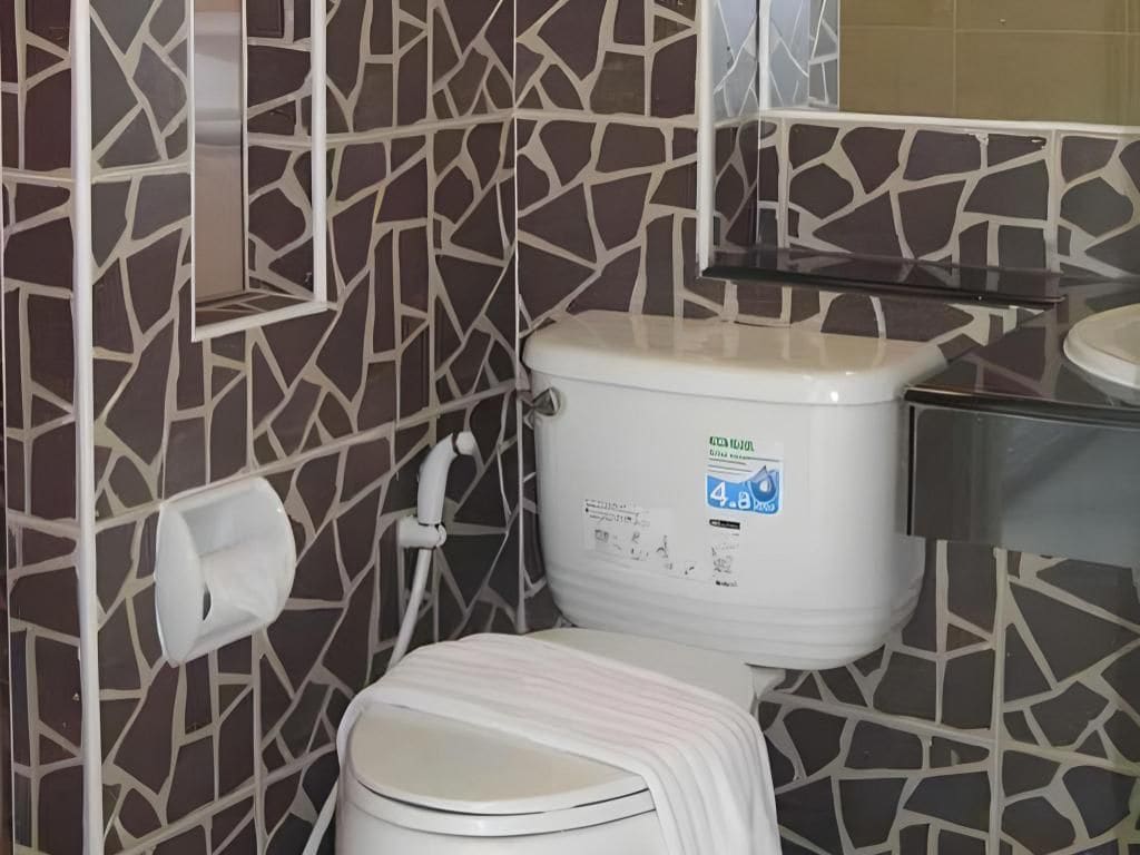 A bathroom with a toilet, a wall-mounted sink, and a mirror.
