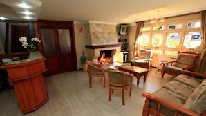 Un salon chaleureux avec une cheminée, des meubles en bois et une grande fenêtre agrémentée de rideaux.